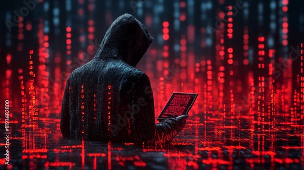 Fototapeta Hooded figure analyzing digital matrix in red cyberpunk setting, hacker concept