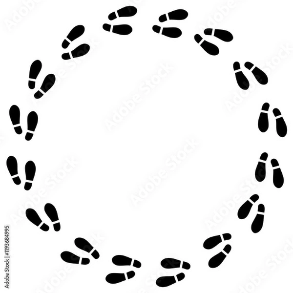 Obraz Black shoe prints arranged in perfect circle formation, isolated, minimalist visual pattern. Simple footsteps evoke mysterious journey, dance sequence, or being stuck in endless loop.

