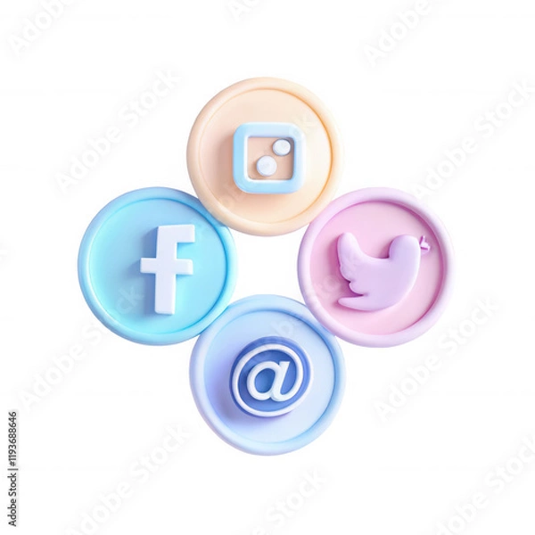 Obraz A collection of pastel-colored 3D social media icons, including Facebook, Twitter, Instagram, and an email symbol, arranged attractively.