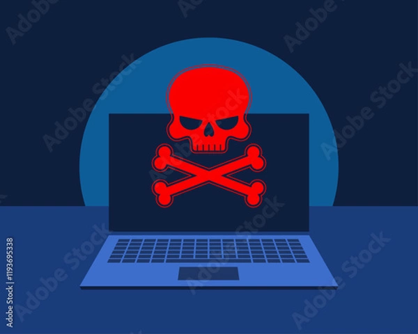 Fototapeta Cyber attack or cyber hacking. Laptop with bright red skull and crossbones symbol as a warning of cybercrime and malware in front of dark blue background. Simplified vector illustration.