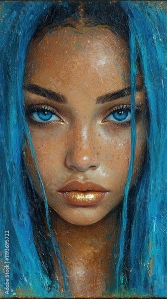 Fototapeta Navy Blue-Grey Abstract Painting: Modern Minimalist Portrait with Gold Lips in Cubism Style