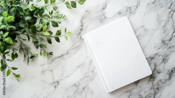 Fototapeta Minimalist white notebook marble surface flat lay photography serene environment artistic viewpoint creative concept for inspiration