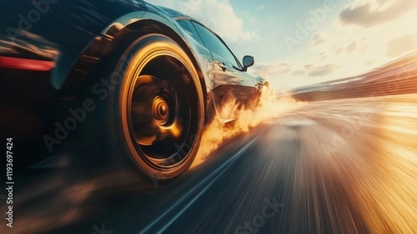 Fototapeta High-speed sports car drifting on race track at sunset