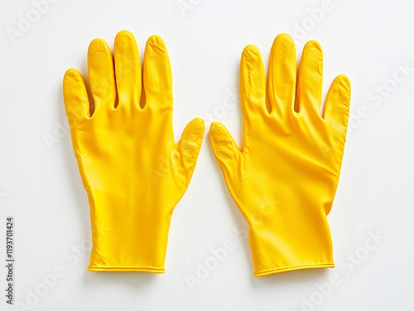 Fototapeta Bright yellow rubberized garden gloves displayed on a white background in a minimalist product shot

