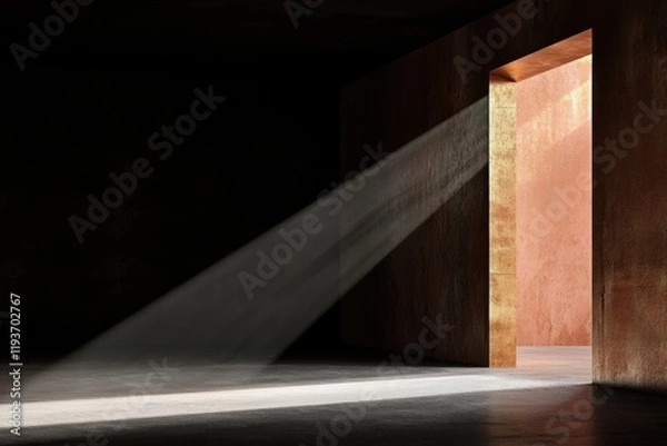 Fototapeta Golden light streaming through open doorway in dark room