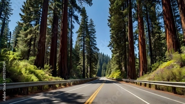 Obraz Peaceful scenic highway cutting through dense redwood trees under a clear blue sky

