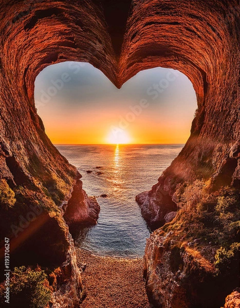 Fototapeta Heart shaped cave opening with sunset glow overlooking ocean