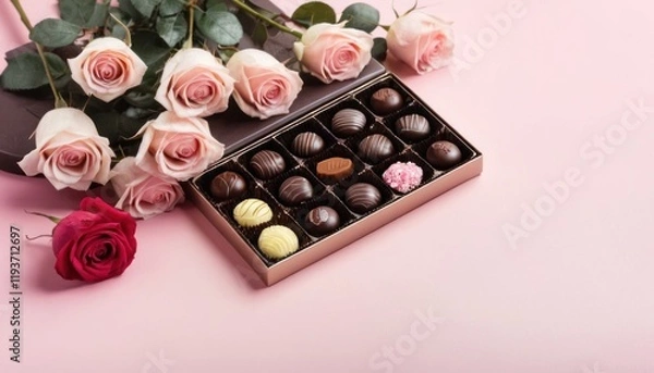 Fototapeta Chocolates and Roses Perfect Combination on soft pink table, copy space