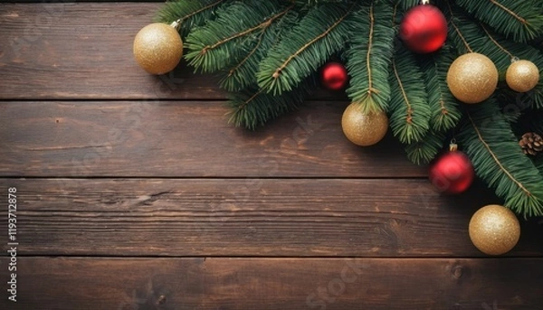Fototapeta Christmas New Year decoration composition. Top view of fur-tree branches and balls frame on wooden background