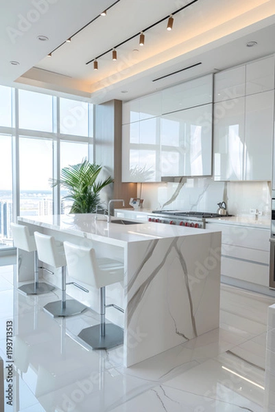 Obraz Sleek, Modern Kitchen Design with White Marble Accents and Open-Concept Floor Plan