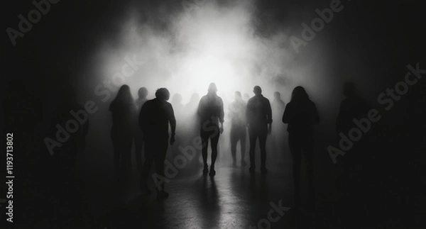 Fototapeta a group of people standing in a dark room with a light coming through the fog behind them