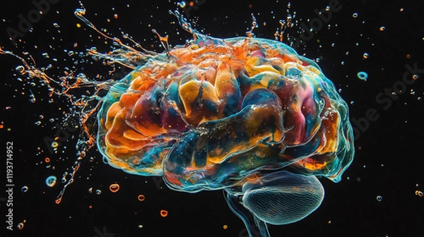 Fototapeta Abstract colorful watercolor human brain organ splash illustration background. creative mind concept, idea imagination or inspiration, psychology and intelligence, intellectual memory hemisphere.