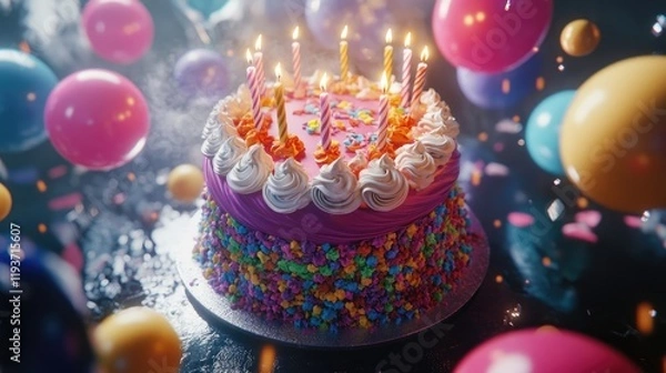 Fototapeta A vibrant birthday cake adorned with colorful frosting and candles, surrounded by festive decorations.