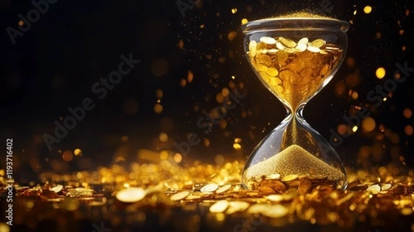 Fototapeta A stunning hourglass filled with gold coins glimmers in a sea of sparkling wealth.