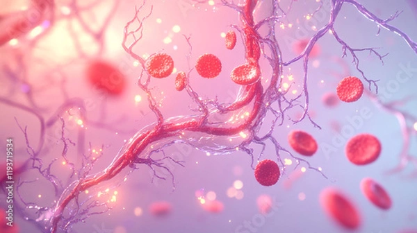 Obraz 3D Red Blood Cells Background with Veins, Platelets, Cancer Awareness, and Vascular System Abstract Design