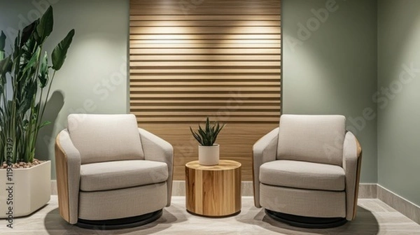 Fototapeta Cozy lounge setting with two armchairs, wooden table, and indoor plant decoration