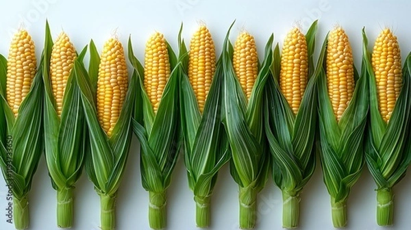 Fototapeta minimalist depiction of multiple corn cobs in a straight line stretching from left to right, each cob in light yellow shades with green husks