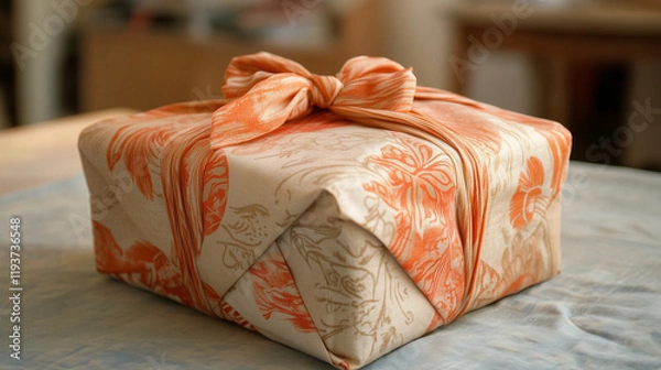 Obraz wrapped gift box with a bow lying on a table