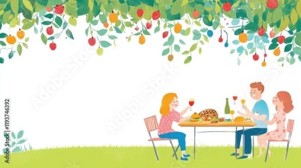 Fototapeta Cheerful Outdoor Gathering with Friends, Enjoying a Delicious Feast Under a Bountiful Tree Canopy Filled with Fruits and Lively Decorations in a Sunny Setting