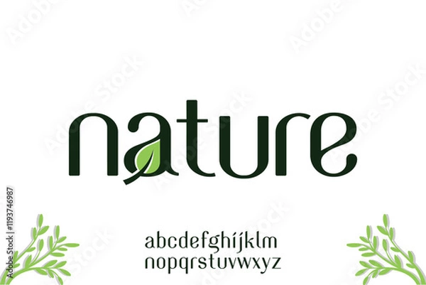 Fototapeta word of nature with a leaf . modern minimalist clean alphabet font. lowercase bold typography vector illustration design
