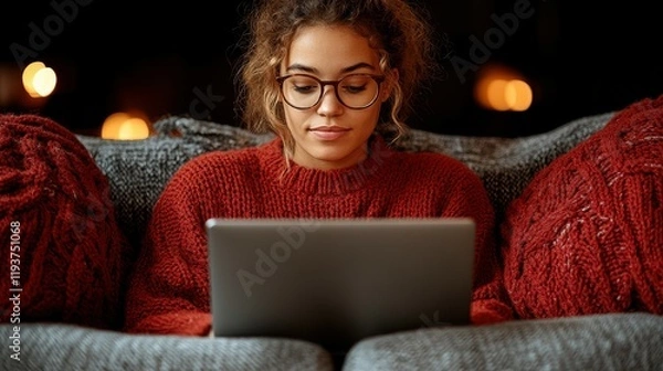 Fototapeta A woman is sitting on a couch with a laptop open in front of her. She is wearing glasses and she is focused on her computer screen. Concept of relaxation and leisure