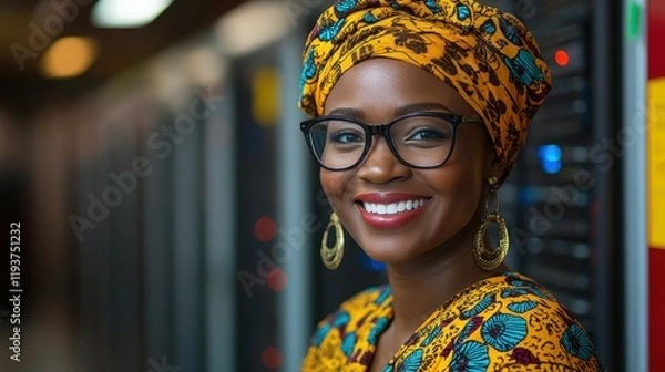 Fototapeta A woman wearing a colorful head scarf and glasses is smiling. She is standing in front of a wall of computer servers