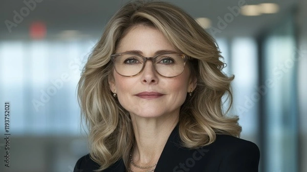 Fototapeta A woman with glasses and a black suit. She is smiling and looking directly at the camera. Concept of confidence and professionalism