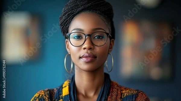 Fototapeta A woman with glasses and hoop earrings is standing in front of a blue wall. She is wearing a yellow and black outfit