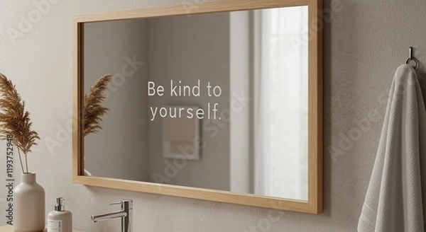 Fototapeta This image shows a bathroom mirror with the text Be kind to yourself reflected in it. 