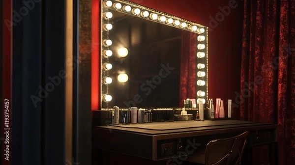 Fototapeta A backstage theater dressing room featuring a vanity mirror under dim lighting, leaving ample negative space