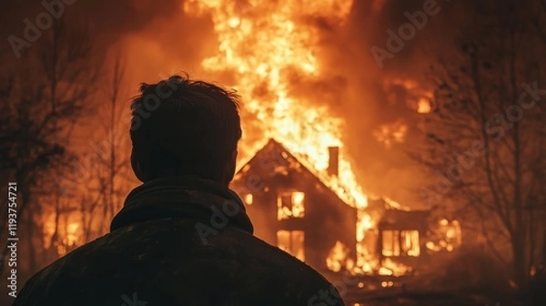Fototapeta Silhouette of a man from behind looking at his burning house. Man looking at his house being consumed by the flames of an intense fire.