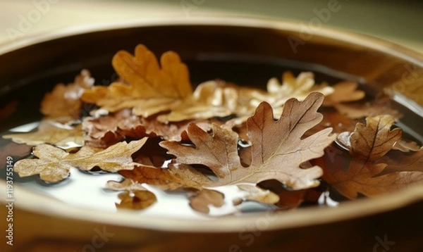 Fototapeta A delicate arrangement of oak leaves in a shallow dish filled with water for aromatherapy, aromatherapy, oak leaves