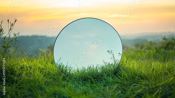Fototapeta A round mirror positioned on green grass, reflecting the sky and offering space for text. This highlights the fragility of nature and features an abstract summer landscape