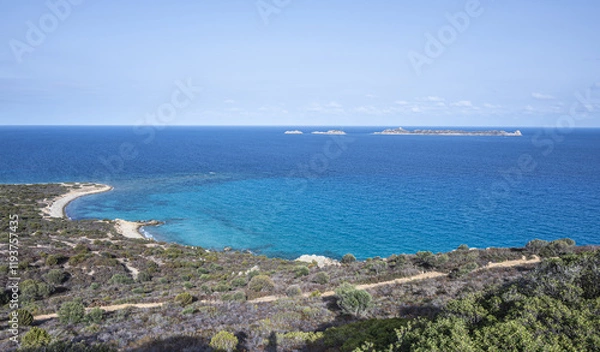 Fototapeta Aerial view of the small beaches on the coast of Castiadas in Sardinia with transparent, blue and turquoise water