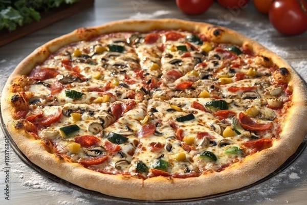 Fototapeta Savor the taste of a freshly baked vegetable pizza topped with plant-based cheese, featuring an array of colorful toppings on a wooden table, perfect for sharing any time of day