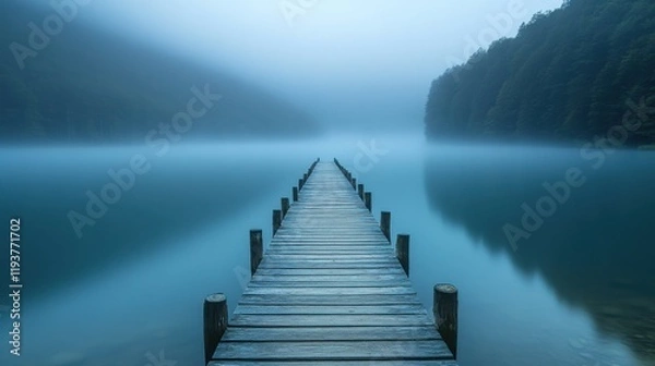 Fototapeta Wooden pier extending into misty lake with softly blurred edges