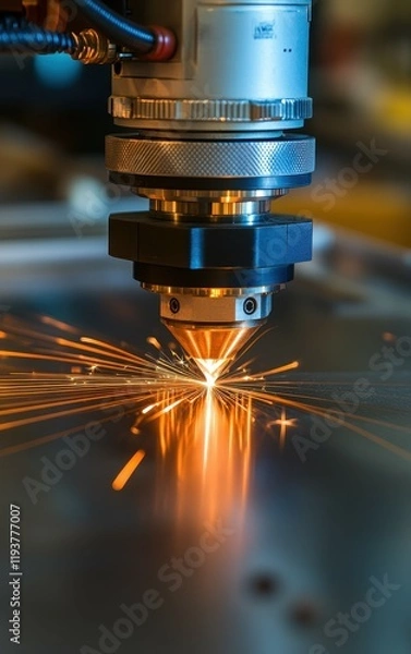 Fototapeta A laser cutting machine operates, emitting bright sparks as it precisely cuts through metal. The workshop is bustling with activity and advanced machinery