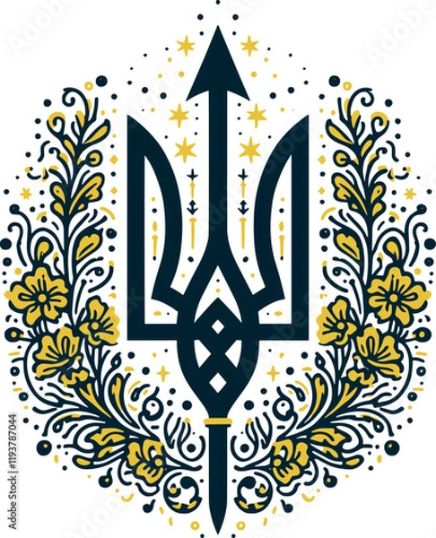 Obraz vector image, coat of arms of ukraine, trident, patterns, high quality, detailed, intricate, unique, modern, contemporary, visual art, fine art, emblem, national symbol, ukrainian, cultural heritage, 