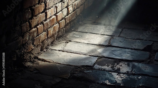 Obraz A rustic brick wall texture illuminated with soft spotlight effects, creating an urban, industrial backdrop ideal for marketing campaigns targeting city lifestyle or modern product showcases.
