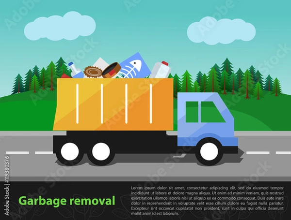 Obraz Vector illustration of garbage truck on the way. Trash removal and eco theme with the space for text entry.