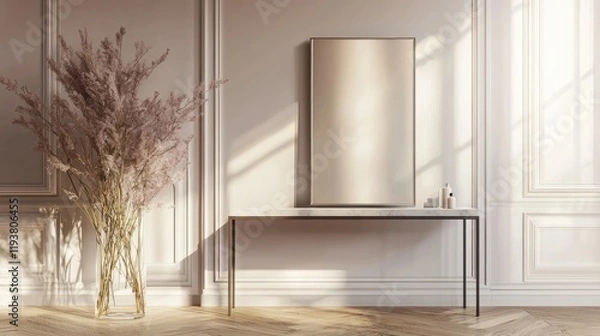 Fototapeta Sunlit room interior with console table, pampas grass, and blank canvas.