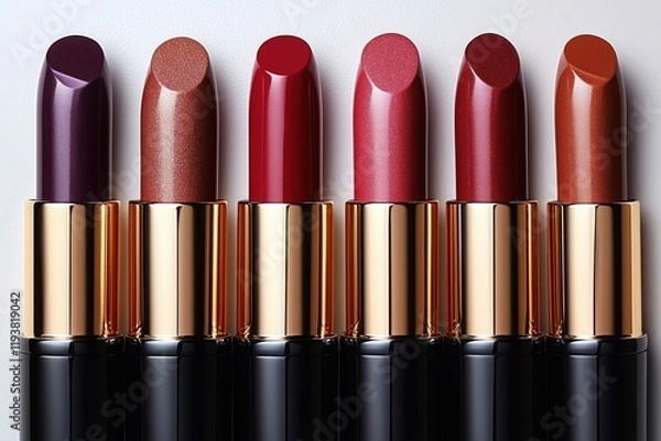 Obraz Collection of colorful lipsticks displayed in a row showcasing various shades and finishes for makeup enthusiasts