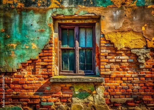 Fototapeta Weathered Brick Wall with Grungy Window - Architectural Texture Background