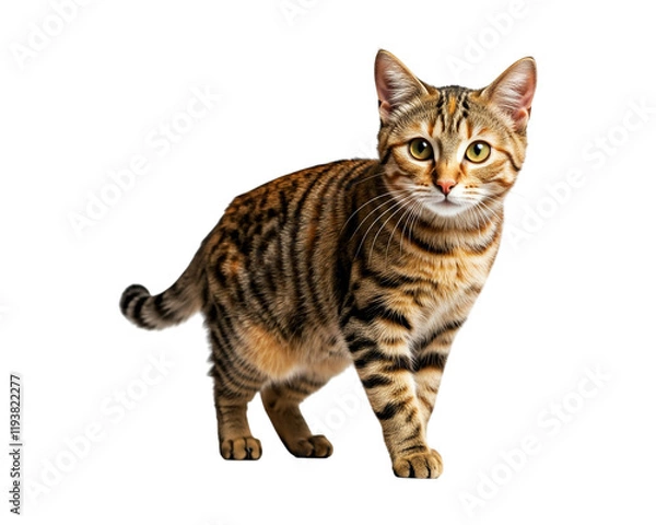 Fototapeta A full-body portrait of a tabby cat with a friendly expression and a beautiful orange and black fur pattern, standing on a white background. 
