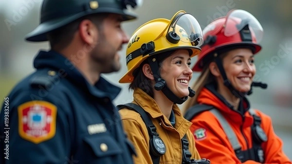 Obraz police officer, a firefighter and a female paramedic. They look happy and relaxed because they have completed their work, public safety agents