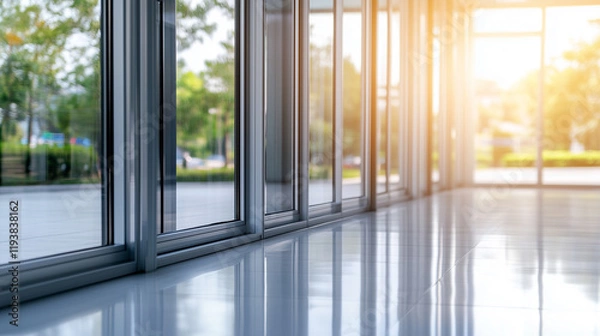 Fototapeta A row of elegant aluminum window frames arranged in a modern showroom, with natural light streaming in to emphasize their minimalist design and glossy texture.