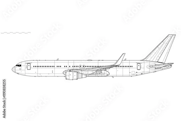 Obraz Boeing 767-300ER. Vector drawing of long-range, passenger jetliner. Side view. Image for illustration and infographics.
