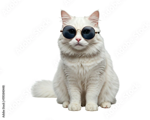 Fototapeta A fluffy white cat with piercing blue eyes sits calmly against a light white background, sporting a pair of large, round sunglasses.