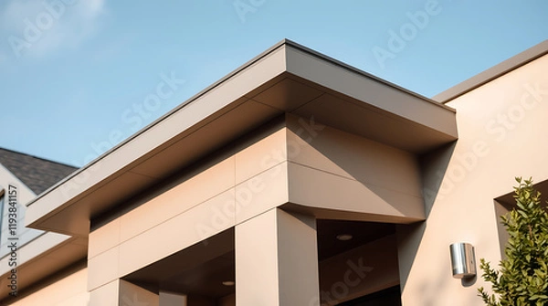 Obraz Modern House Exterior: Beige Facade, Geometric Design, and Clean Lines. Contemporary Architecture, Residential Property, Real Estate