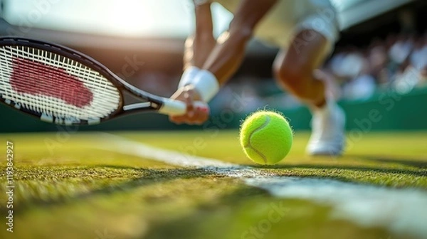 Fototapeta Close-up view of a tennis player's low, powerful return shot. The tennis ball is close to the line, and the player is in a dynamic pose.  The background is blurred, showing the court and spectators.
